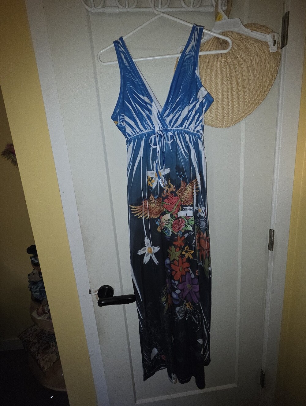 Blue Floral V-Neck Maxi Dress with Drawstring Waist